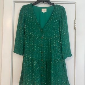 Sezane Green + Gold Metallic Babydoll Dress